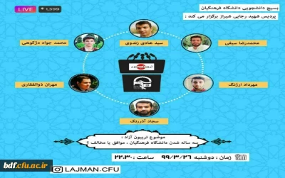 بسیج دانشجویی پردیس شهید رجایی شیراز:

تریبون آزاد با موضوع سه ساله شدن دانشگاه فرهنگیان؛ موافق یا مخالف؟